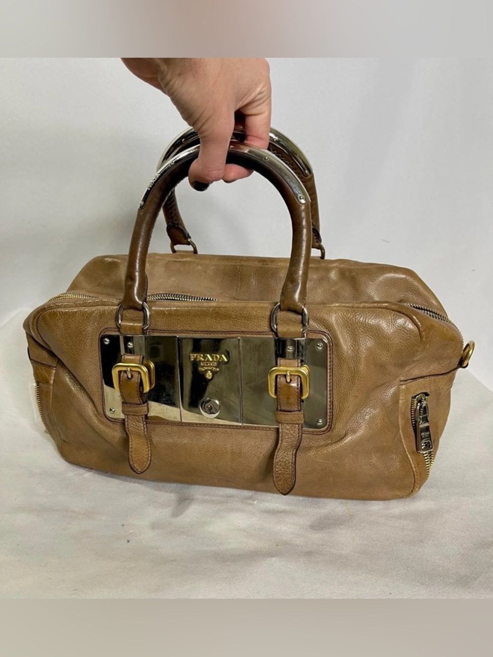 Prada Vintage Tan Leather Handbag With Gold/Brass Padlock Hardware